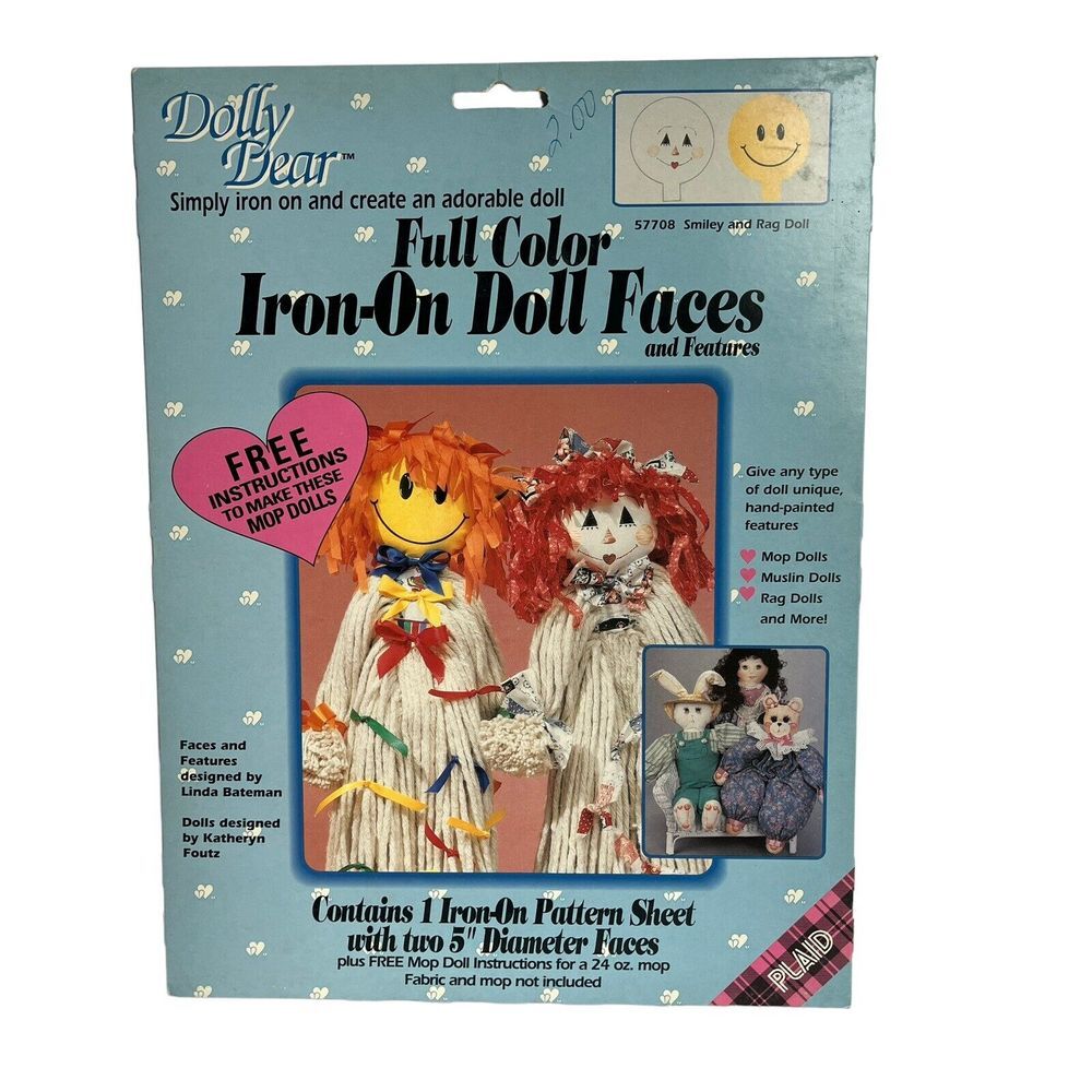 Dolly‎ Dear Full Color Iron On Doll Faces 57708 Smiley & Rag Doll NOS